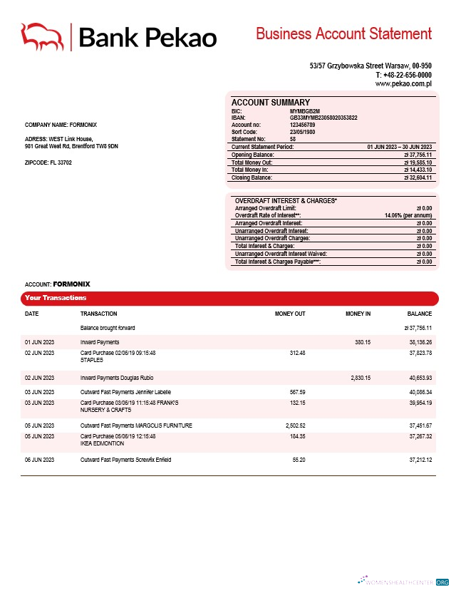 Download Bank Pekao S. A company statement Word and PDF template Photoshop template